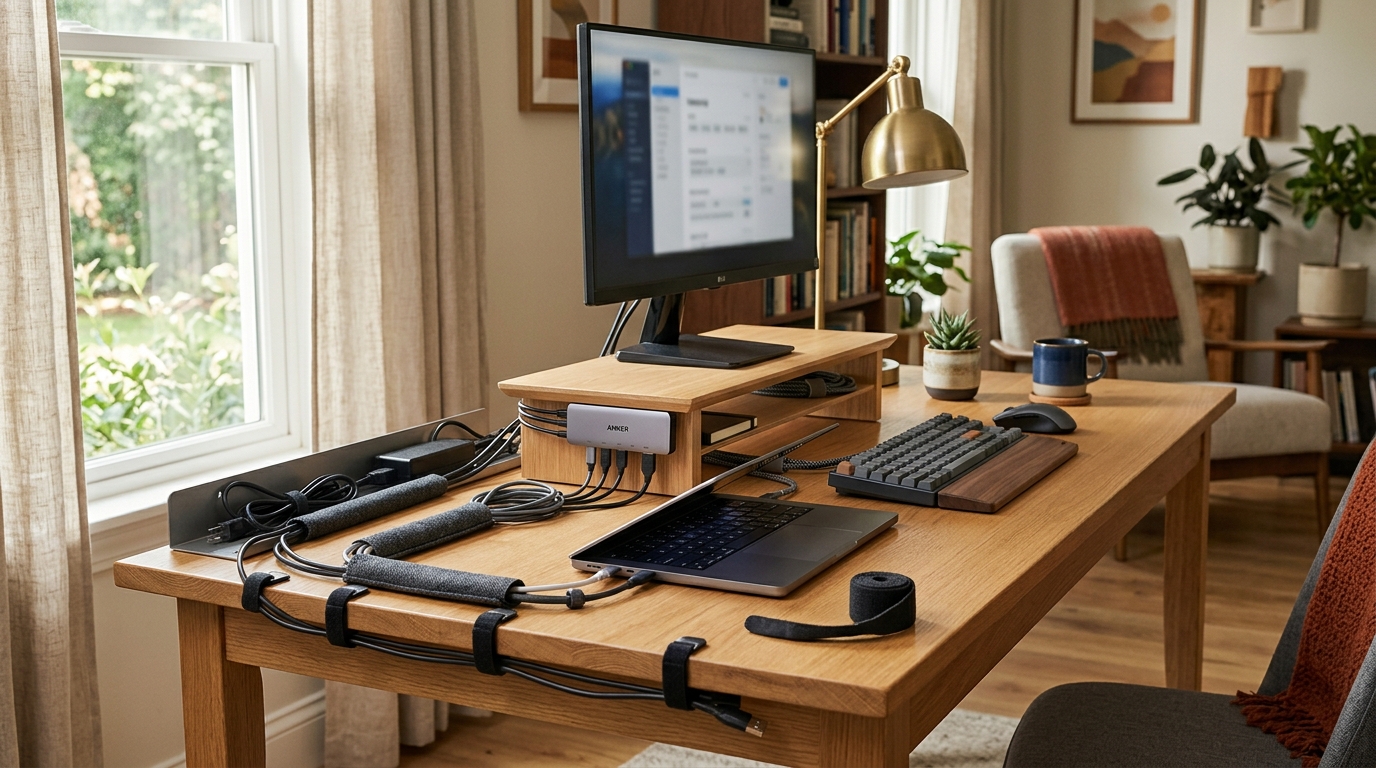 Clean home office desk with cables routed through an under-desk raceway and bundled with velcro ties, eliminating visible clutter