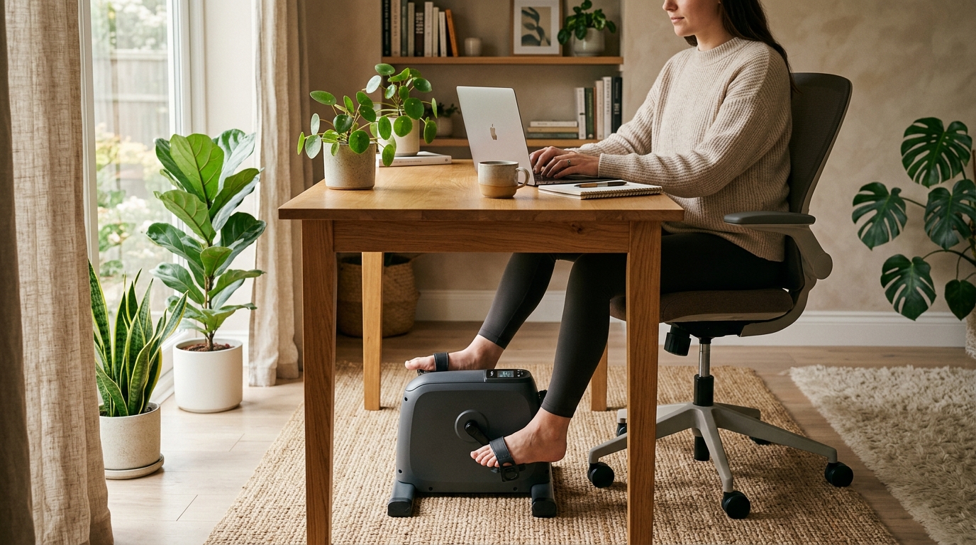 Under-desk bike pedal exerciser beneath a sit-stand desk, with an ergonomic office chair and laptop visible on the desk surface