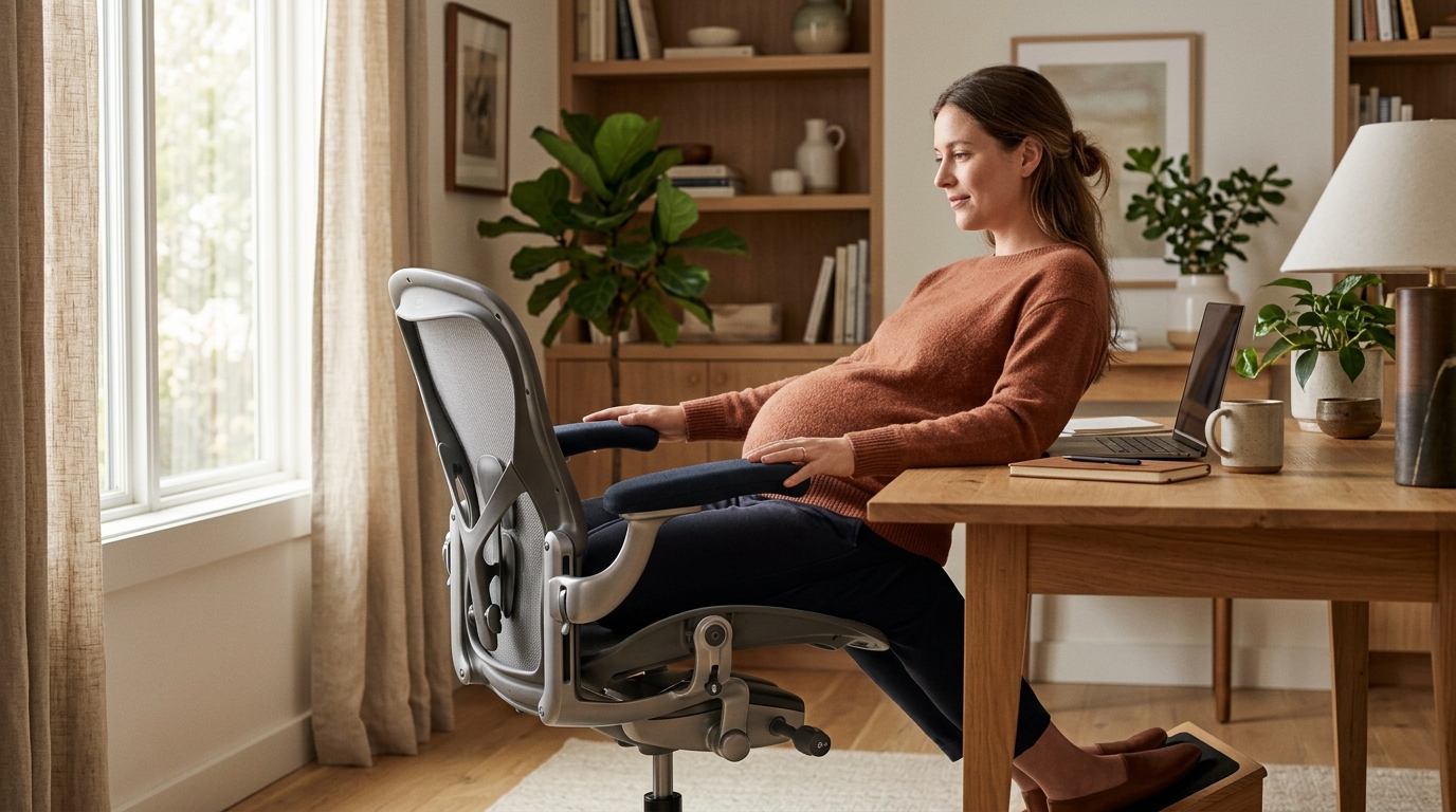 Ergonomic mesh office chair at a height-adjusted sit-stand desk with lumbar support visible, set up for a pregnant desk worker