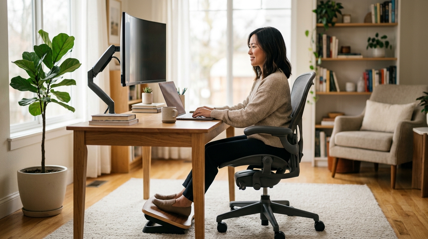 Ergonomic office chair sized for a petite user with footrest at a sit-stand desk