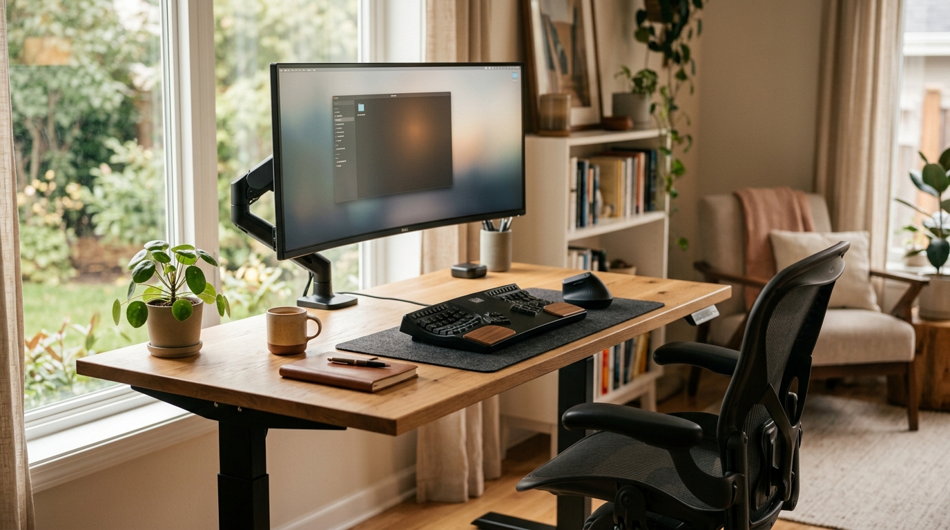 Complete ergonomic desk setup with standing desk, monitor arm, ergonomic chair, keyboard, and mouse