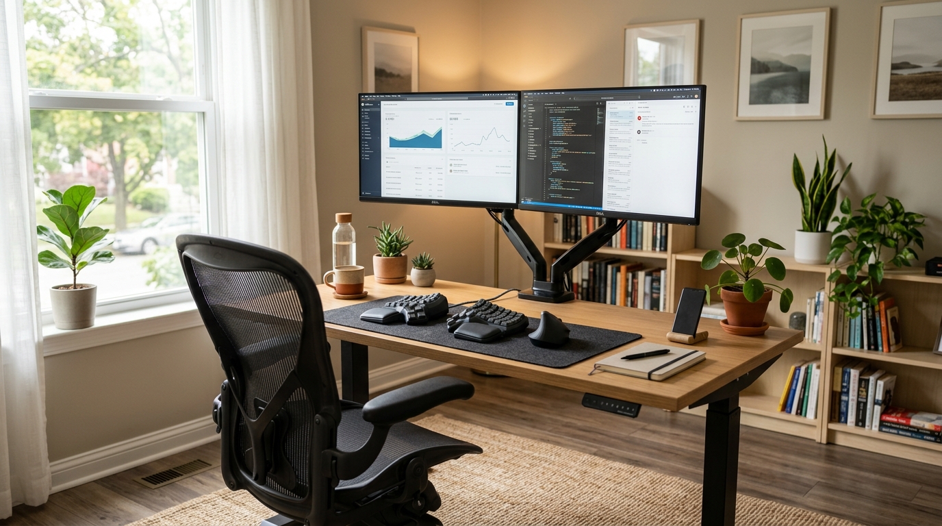 Complete ergonomic home office setup: chair, standing desk, dual monitors, split keyboard, vertical mouse