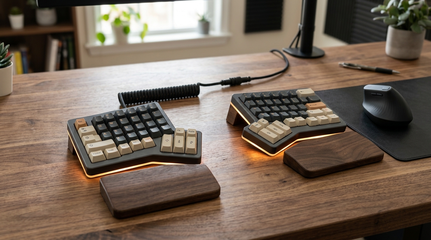 Split mechanical ergonomic keyboard with tented halves and palm rests on a wood desk