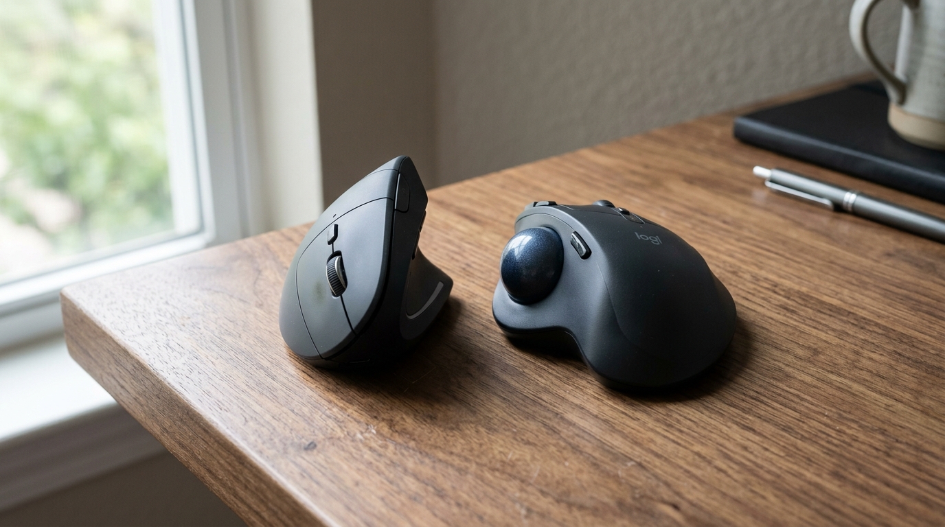 Vertical ergonomic mouse and trackball mouse on a wood desk