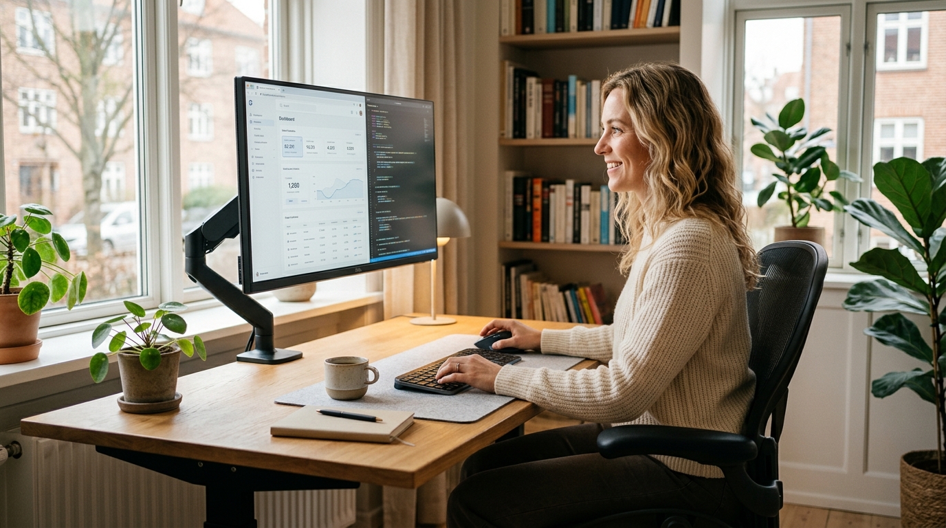 27-inch IPS monitor at correct ergonomic height on a monitor arm above a clean home office desk