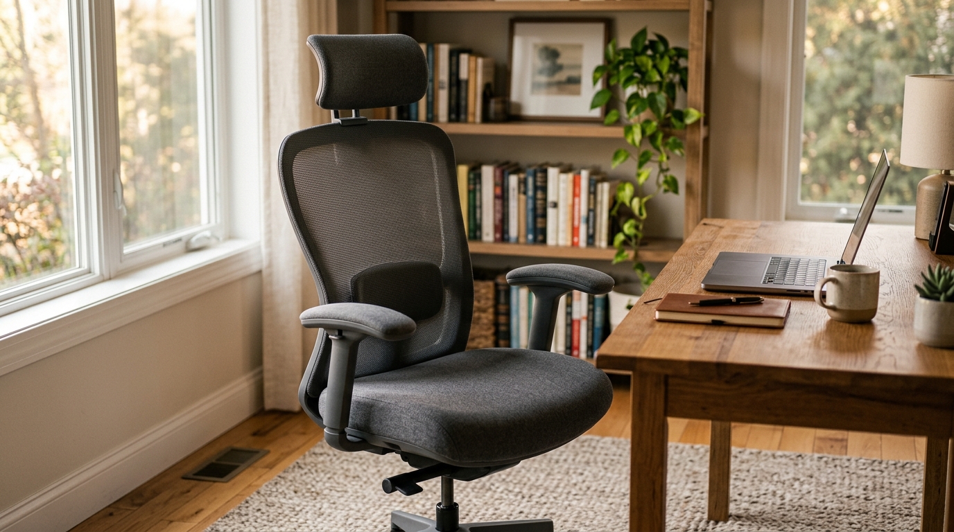 Ergonomic office chair with adjustable headrest and 4D armrests for neck pain relief at a standing desk