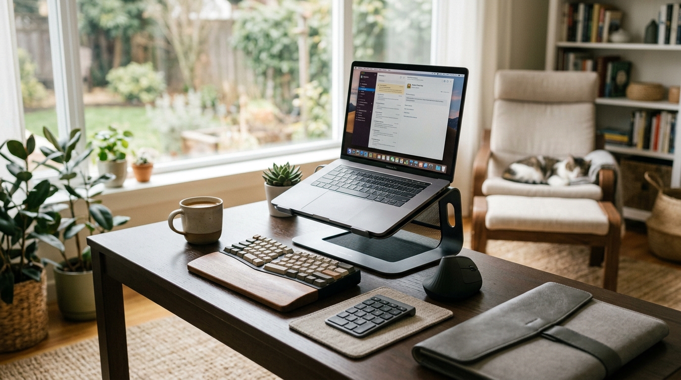 Portable ergonomic office kit with laptop stand, compact keyboard, and travel mouse on a cafe table