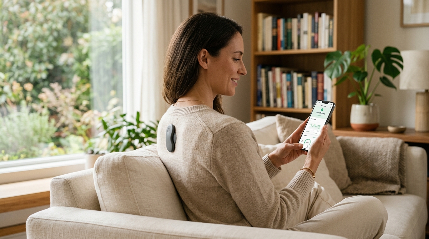 Person sitting with upright posture at a standing desk while using a posture app on their phone