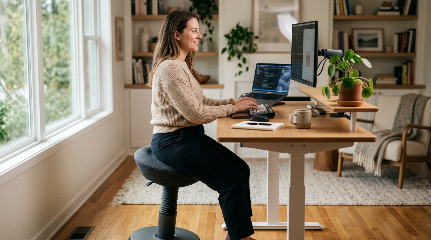 Height-adjustable sit-stand stool with wobble base at a standing desk in a bright home office