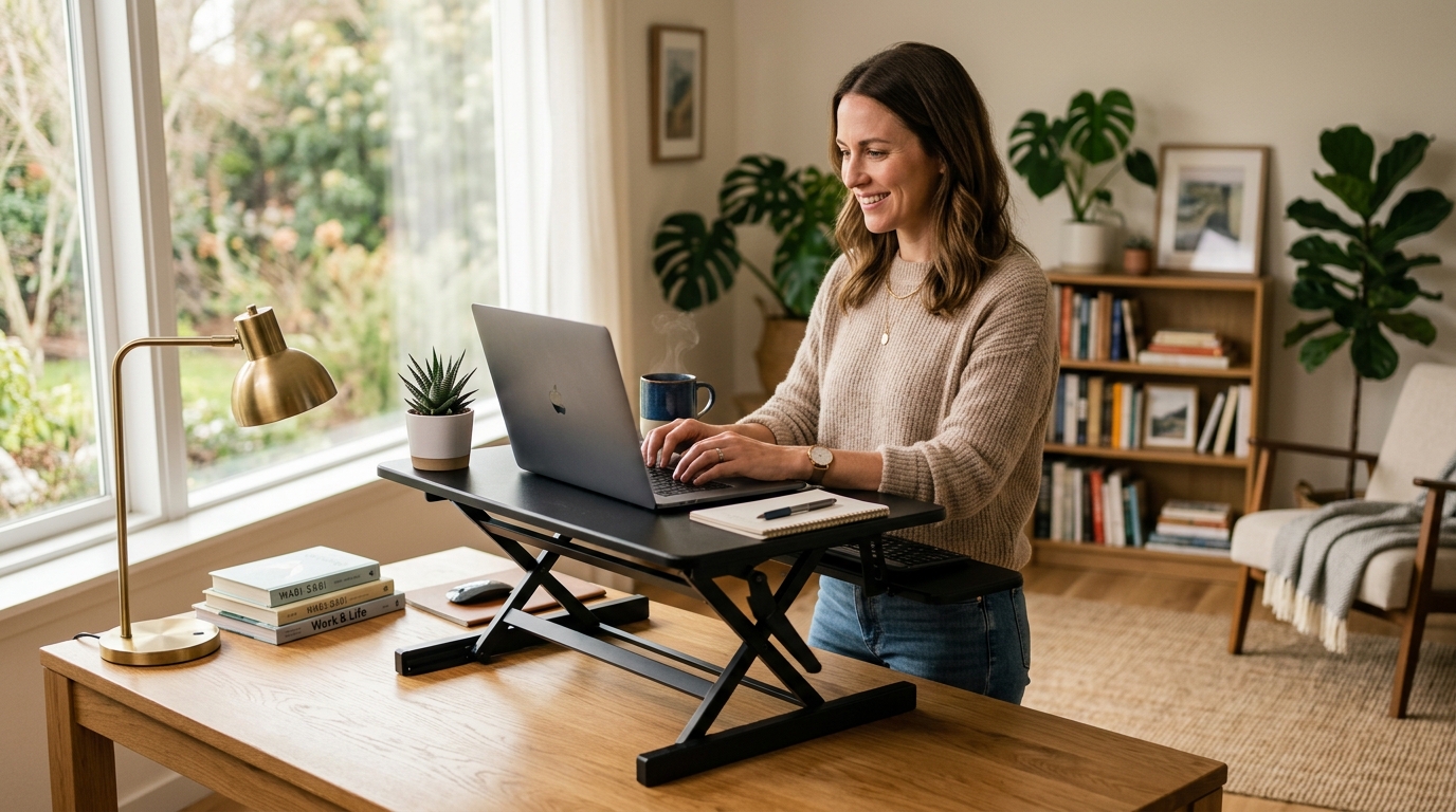 Electric standing desk converter with dual monitor setup on a home office desk