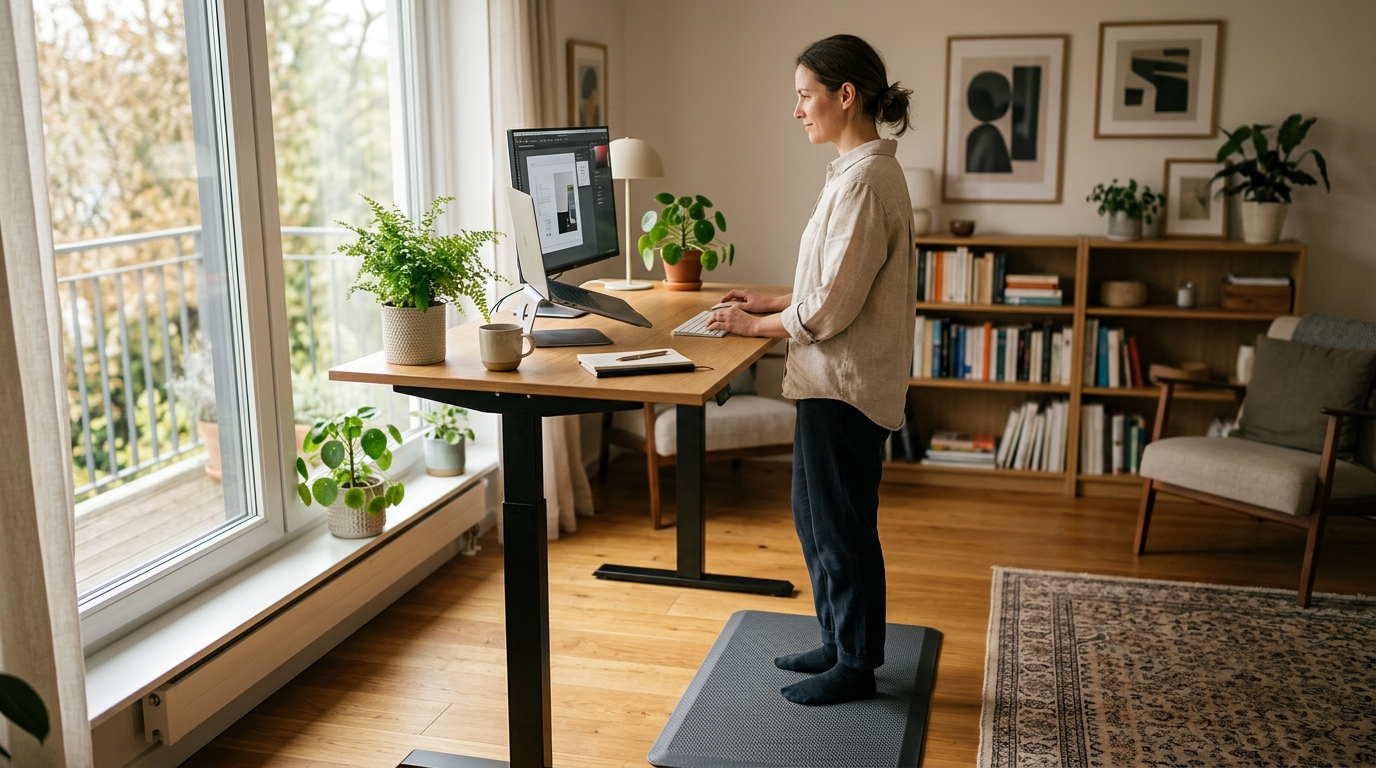 Contoured standing desk mat beneath a height-adjustable desk in a bright home office
