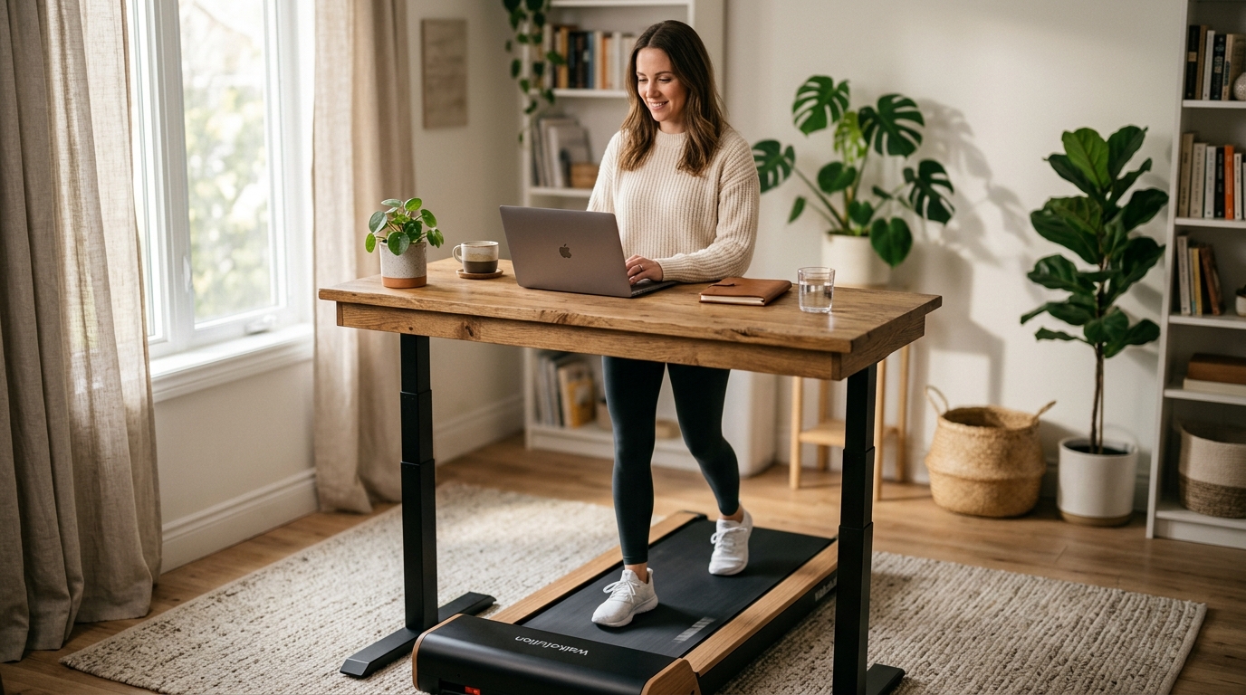 Slim under-desk walking pad treadmill positioned beneath a height-adjustable standing desk in a modern home office