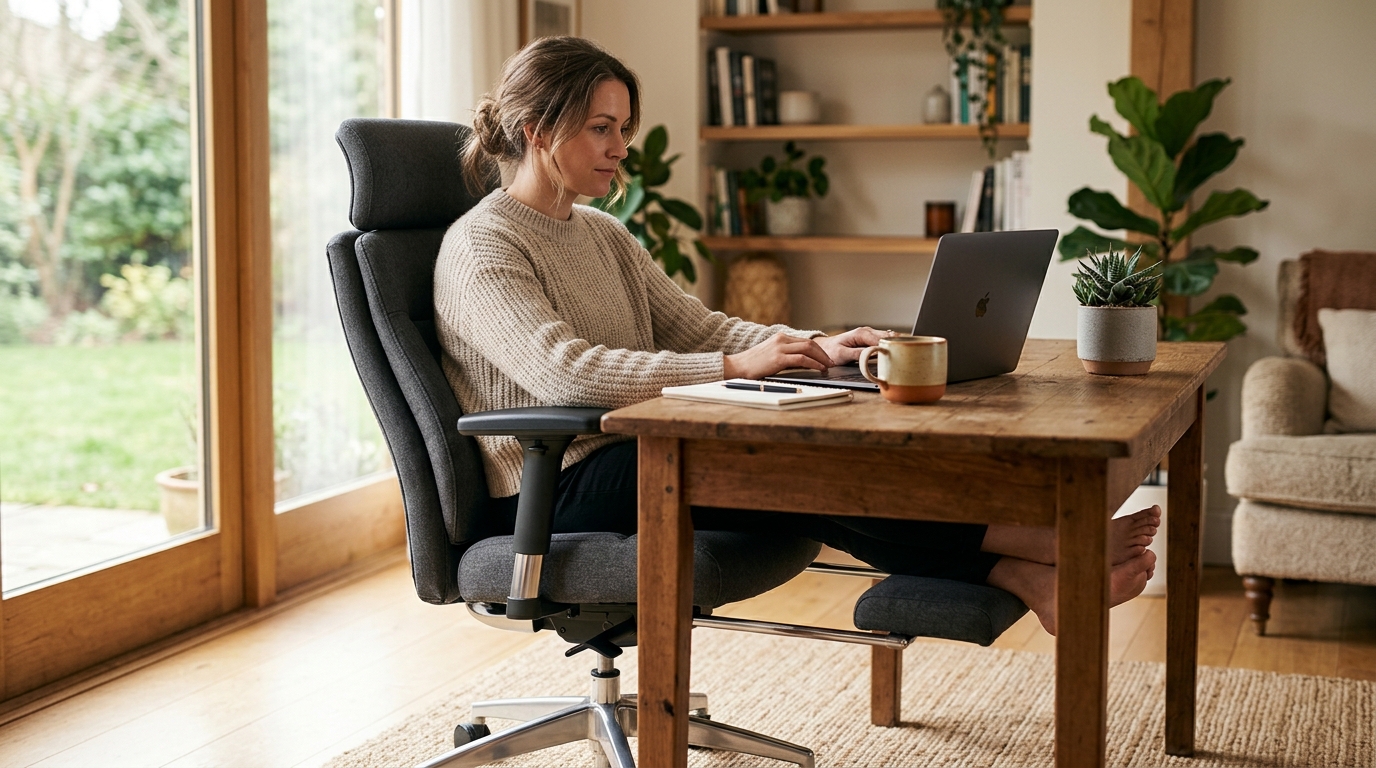 Ergonomic desk chair paired with an adjustable under-desk footrest in a clean home office setup