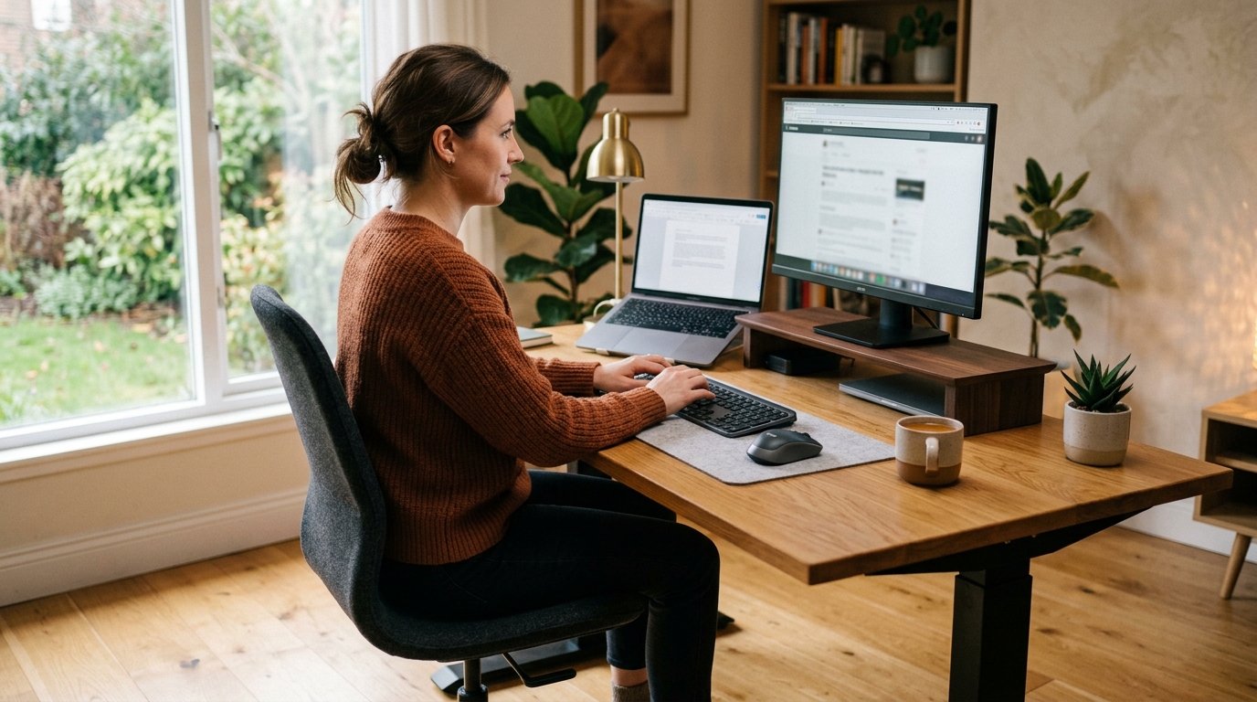 Ergonomic desk setup showing correct sitting height with forearms parallel to the work surface and feet flat on the floor