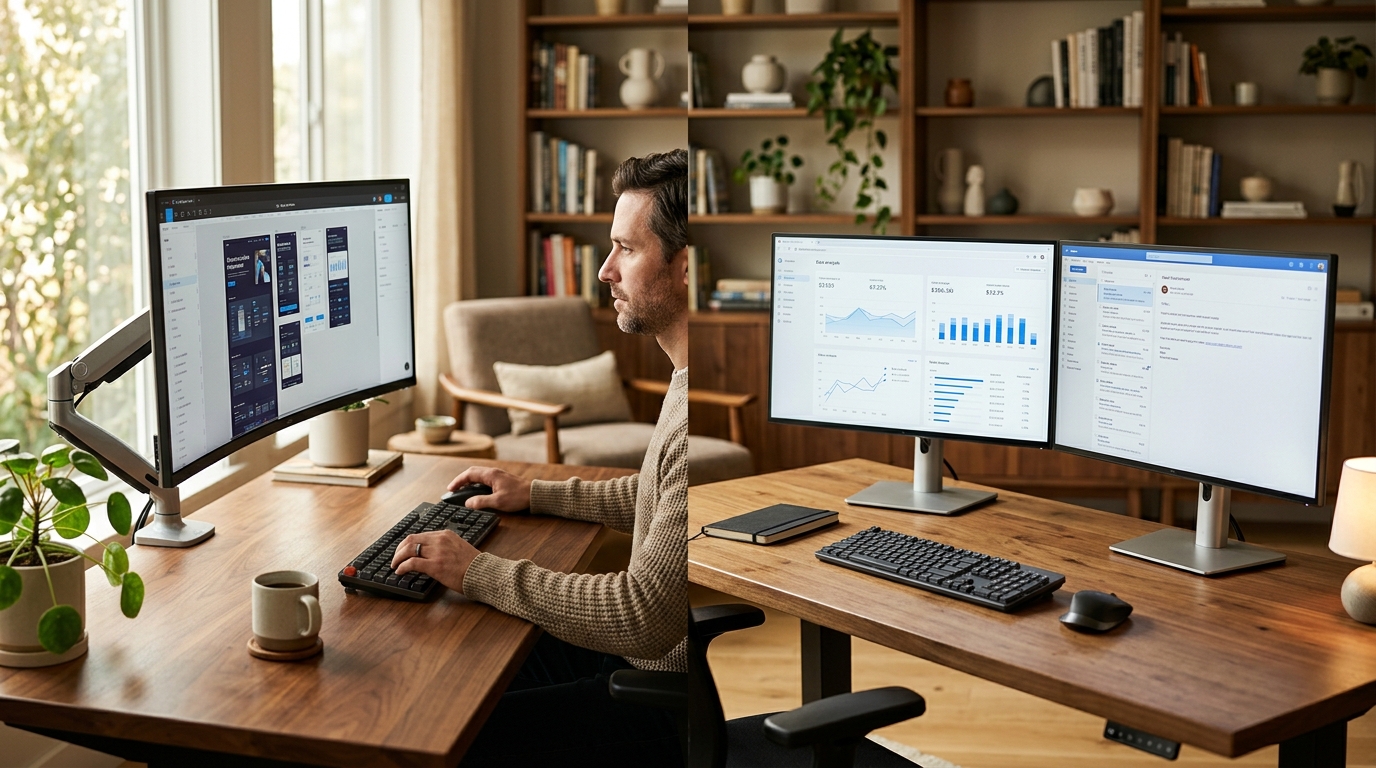Side-by-side view of a dual monitor setup and an ultrawide monitor on a clean ergonomic desk