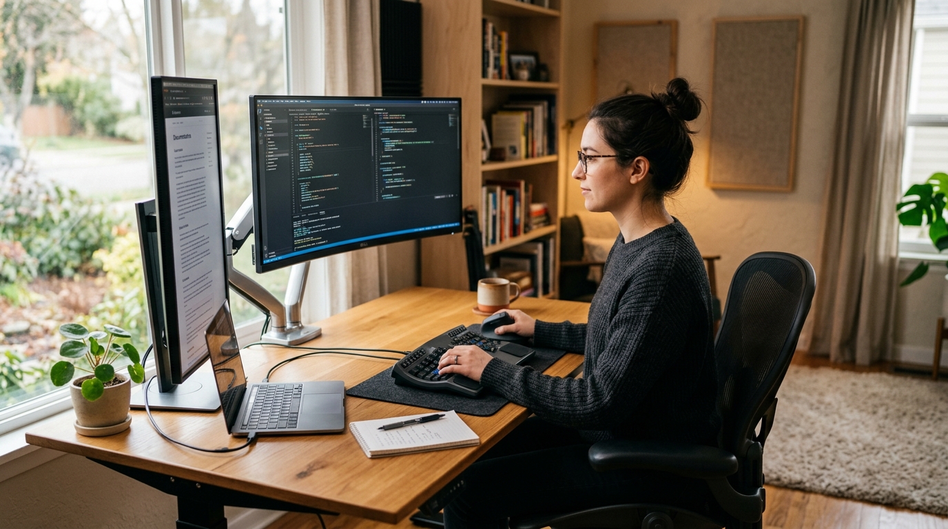 Programmer ergonomic home office with dual monitors on monitor arm, split mechanical keyboard, and vertical mouse on a clean standing desk