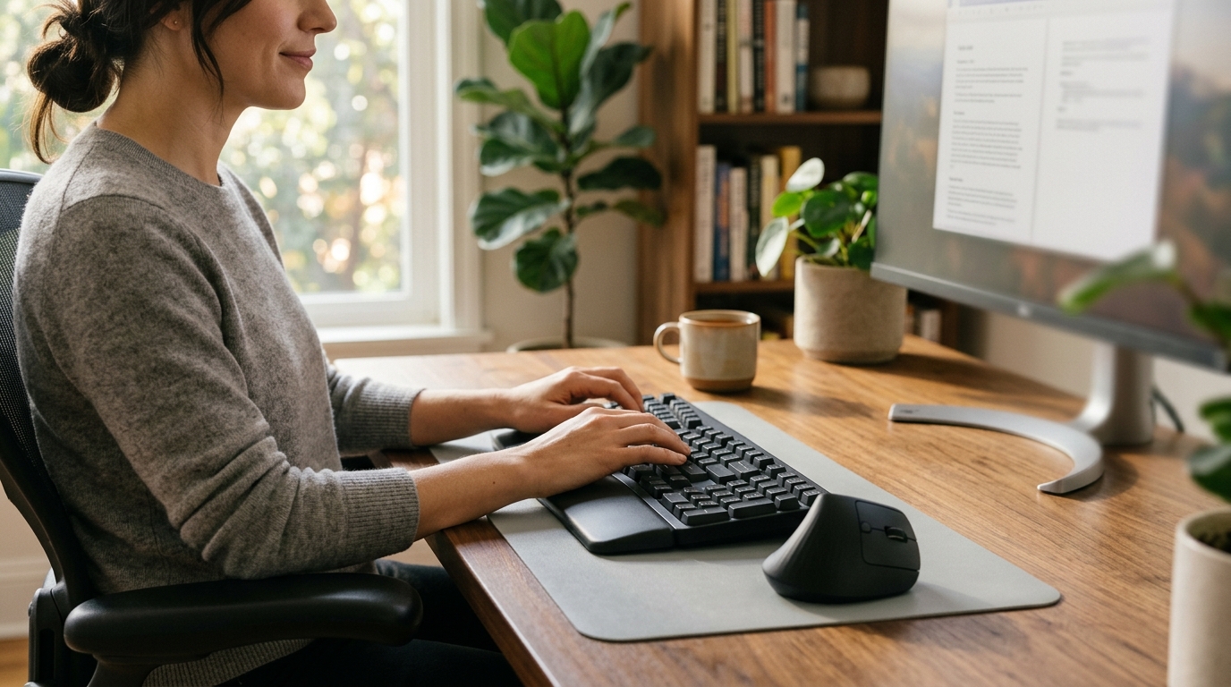 Split ergonomic keyboard with tenting legs on a clean desk, positioned at shoulder width to reduce forward head posture