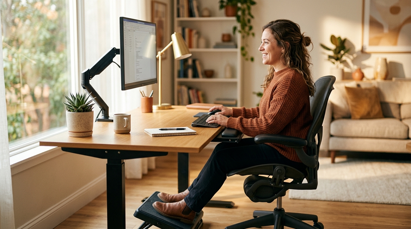 Ergonomic desk setup optimized for a shorter user with footrest, raised monitor, and adjustable chair