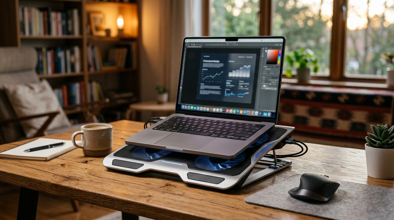 Laptop cooling pad with large fan raising a laptop to an ergonomic screen angle on a clean desk