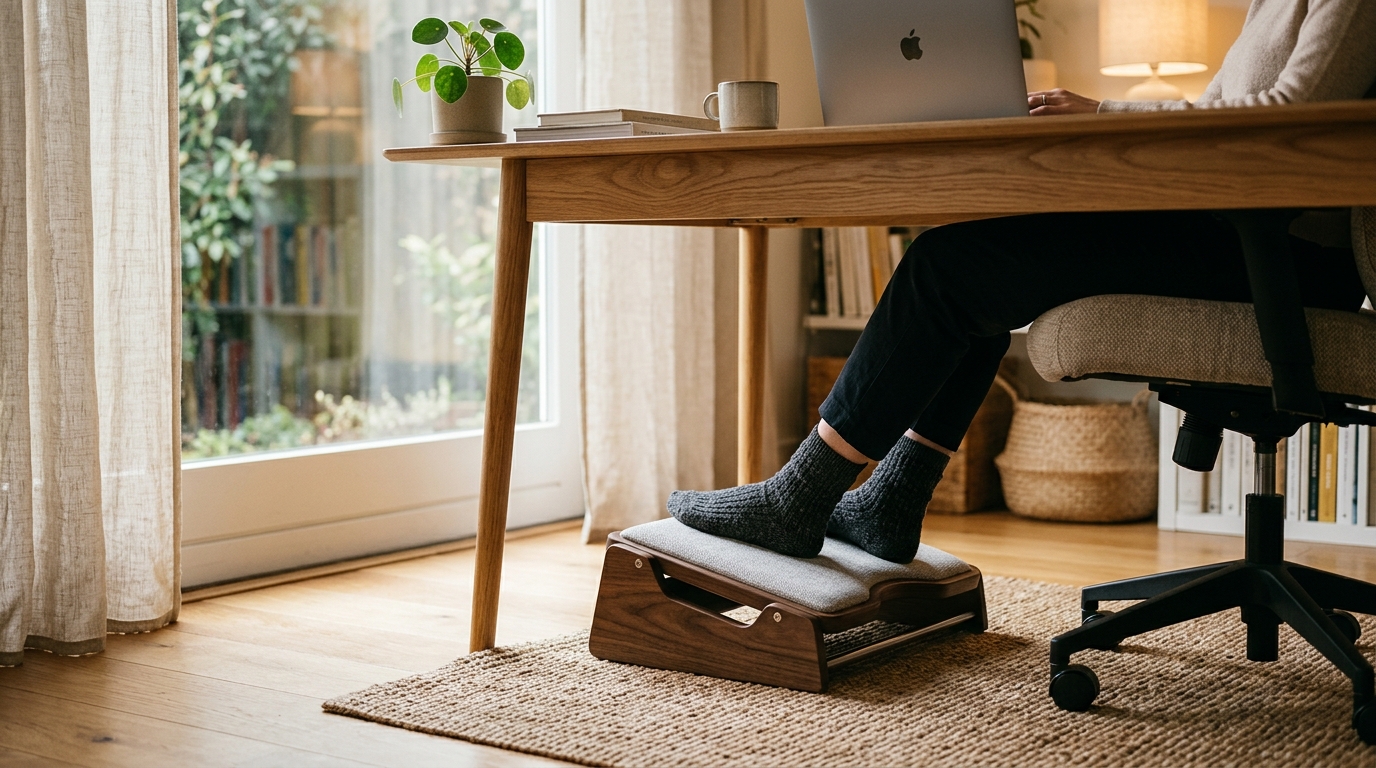 Adjustable ergonomic footrest under a standing desk with angled platform and textured surface