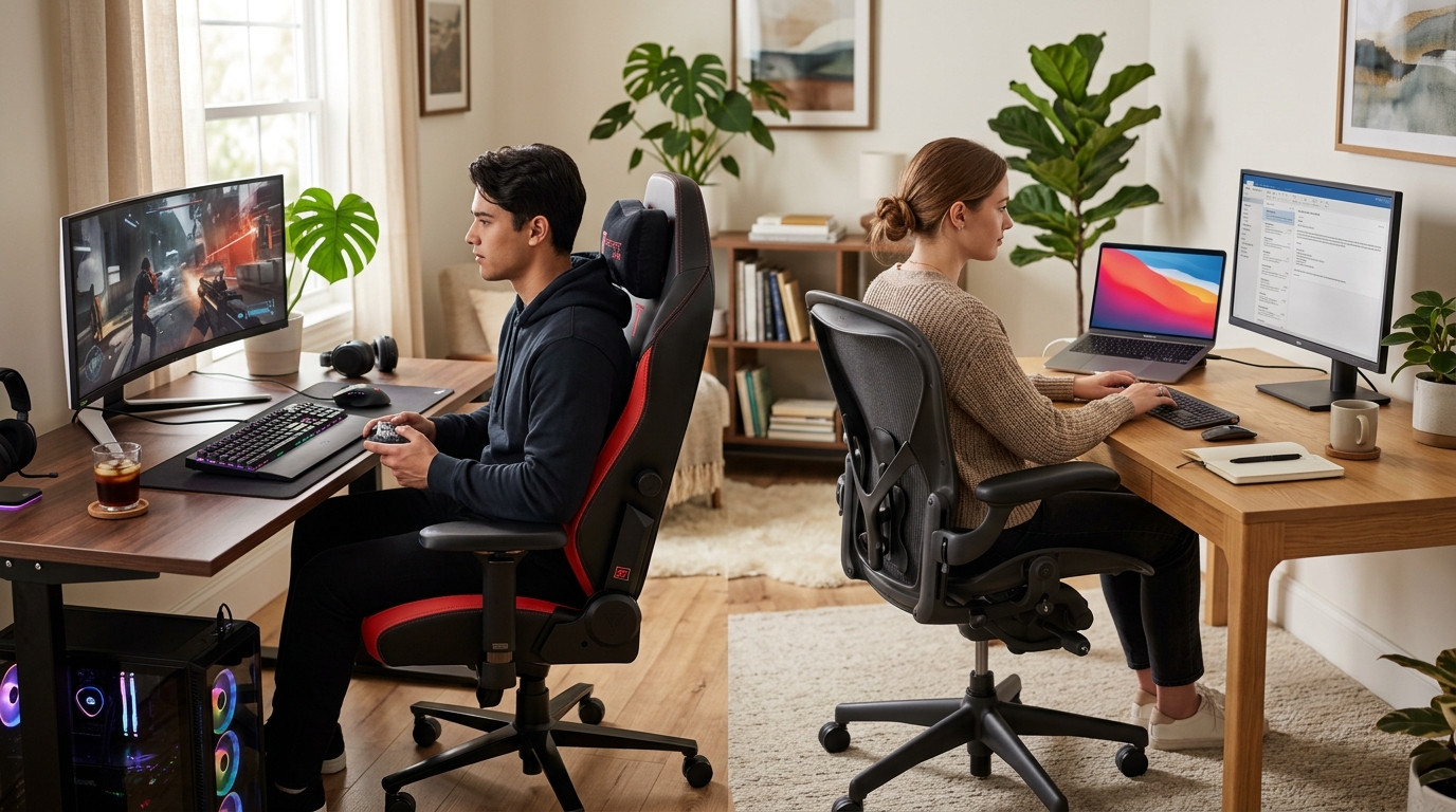Side-by-side comparison of a gaming chair and an ergonomic office chair in a modern home office