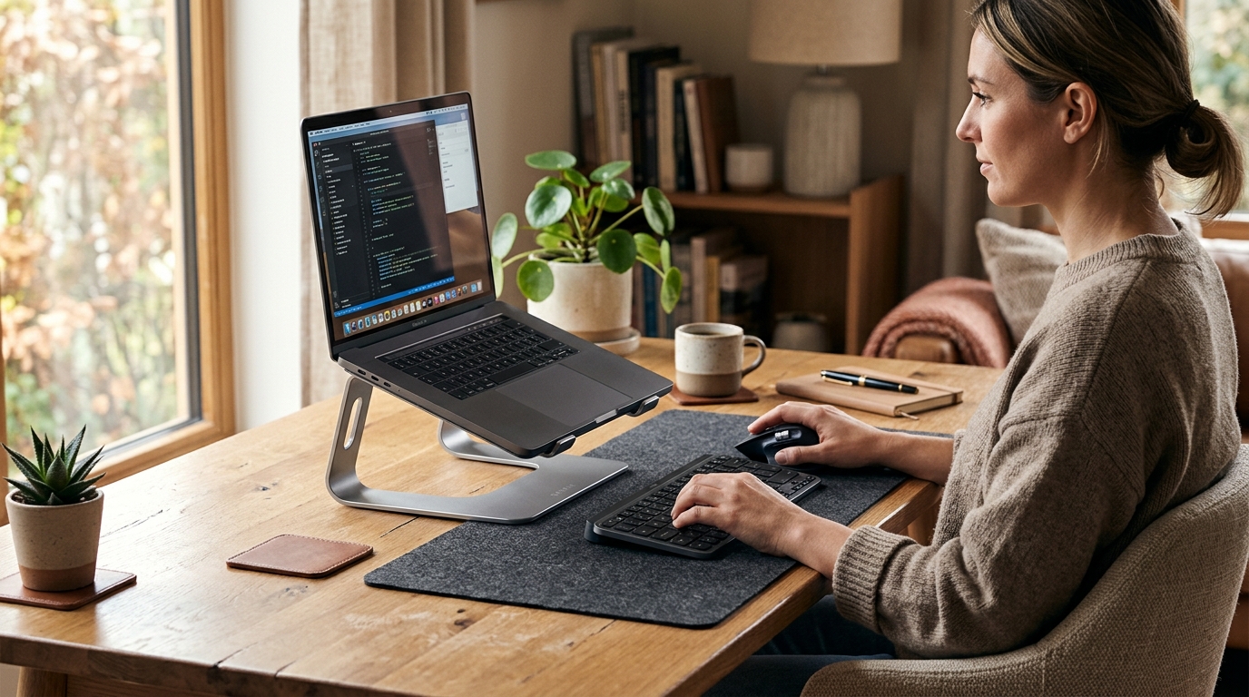 Silver aluminum laptop stand raising a MacBook to eye level on a clean wooden desk