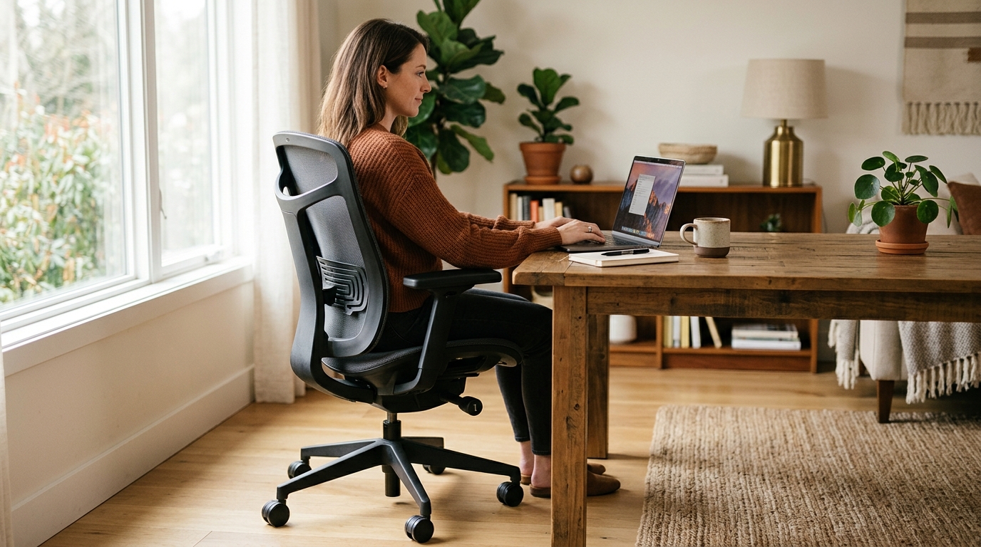 Ergonomic office chair with mesh back, adjustable armrests, and lumbar support for long desk sessions