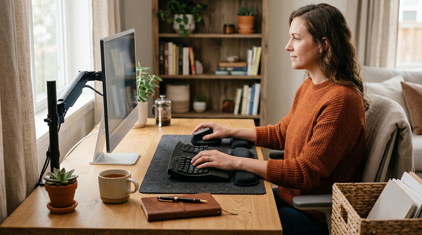Person typing at an ergonomically set up desk with a split keyboard and wrist rest in neutral position
