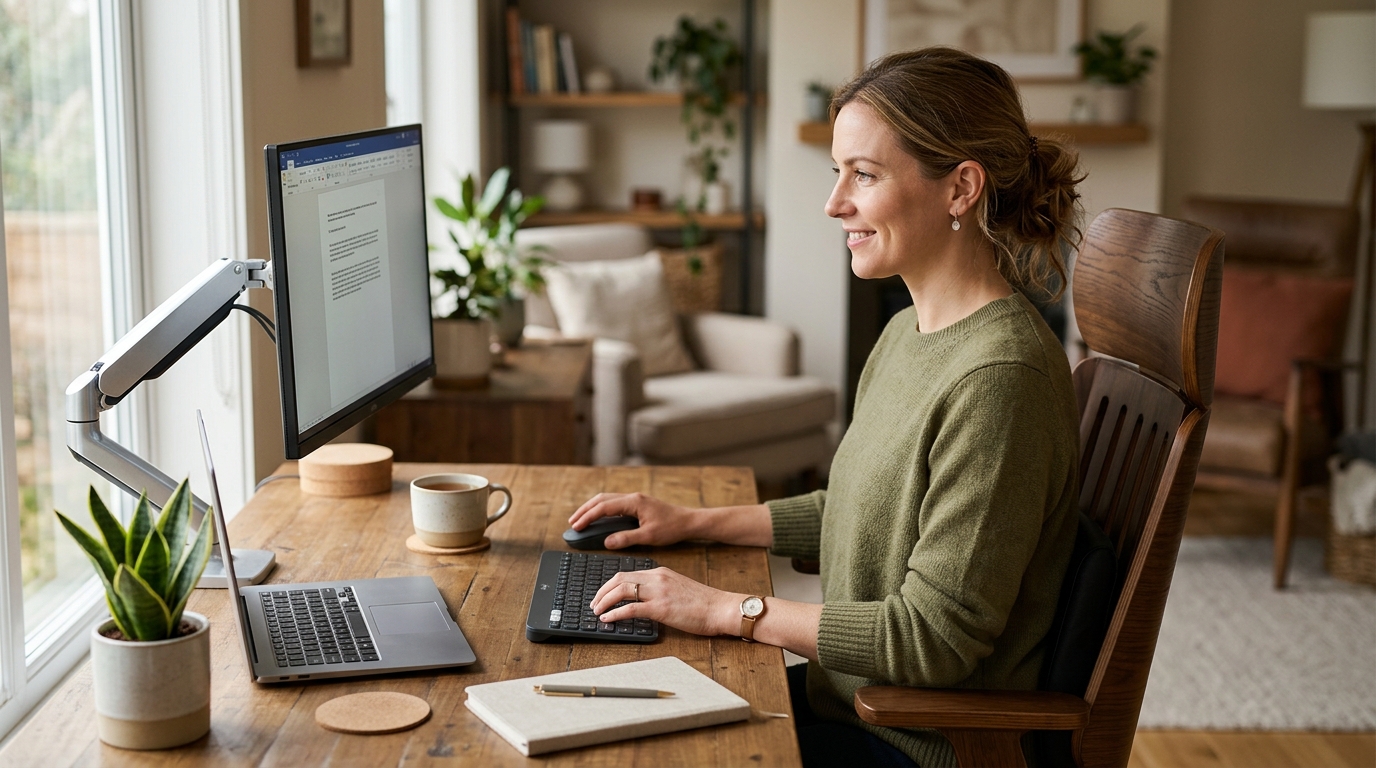 Person sitting at an ergonomically adjusted desk with monitor at correct eye level and neutral head position