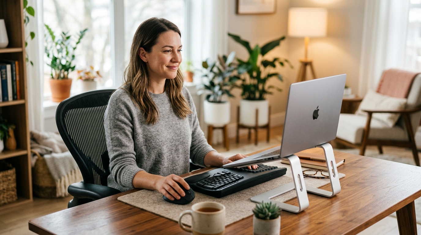 Person sitting at an ergonomically adjusted desk with shoulders relaxed and arms at elbow height on keyboard
