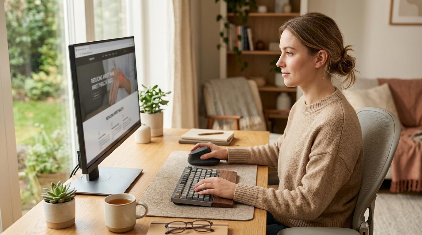 Ergonomic desk setup with a vertical mouse and wrist rest showing proper arm positioning to reduce wrist pain from mouse clicking