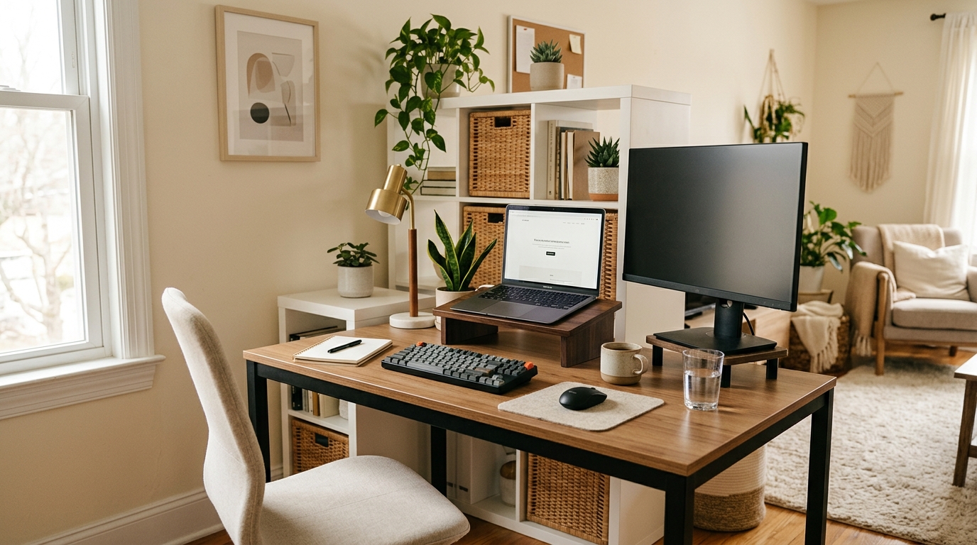 Budget home office with desk, ergonomic chair, and monitor on a clean workspace