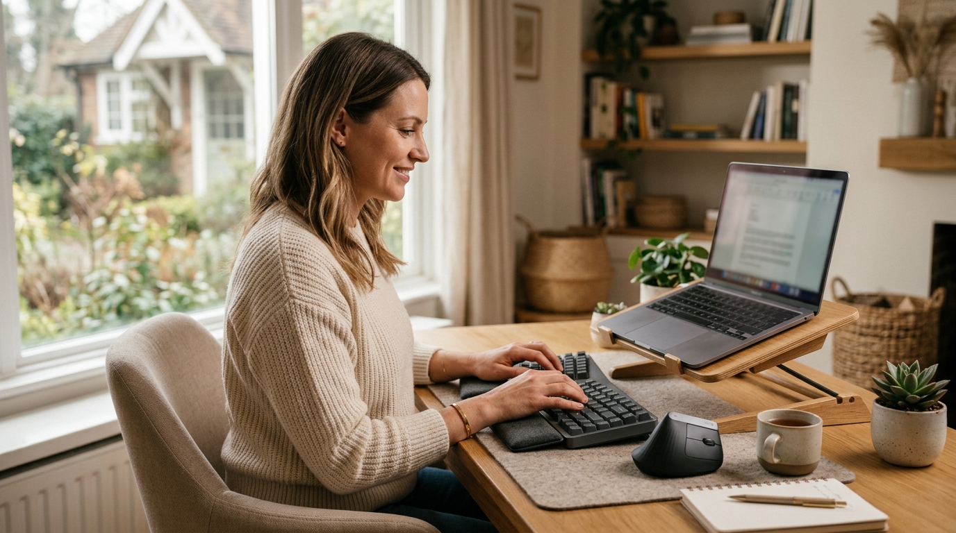 Hands on a split ergonomic keyboard with neutral flat wrist alignment at an adjustable desk
