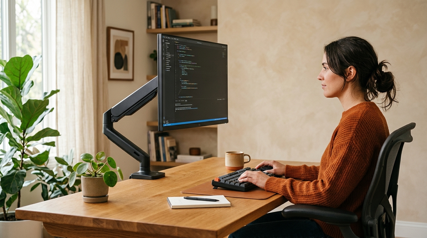Ergotron LX monitor arm holding a 27-inch display at eye level on a clean oak desk with cable channels visible