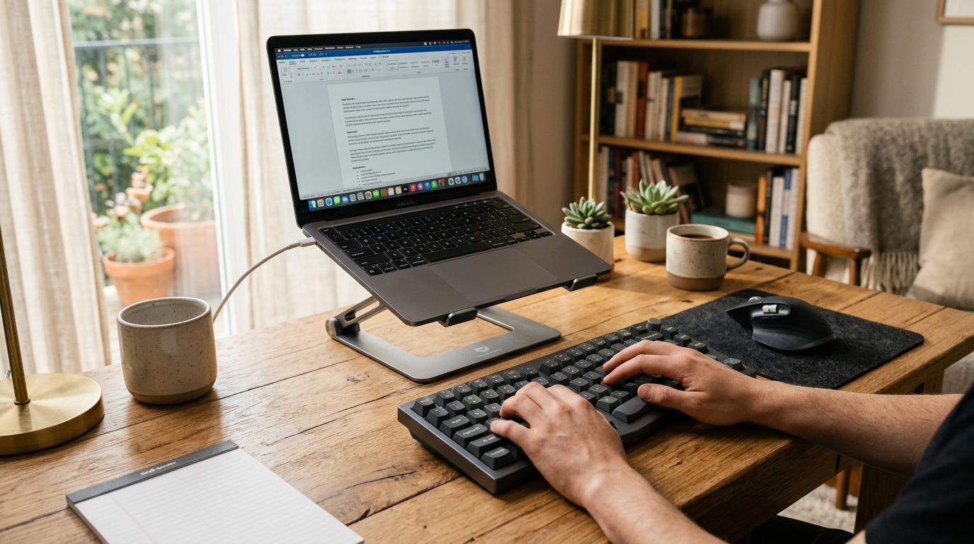 Ergonomic keyboard placement at a desk showing correct elbow height and neutral wrist position