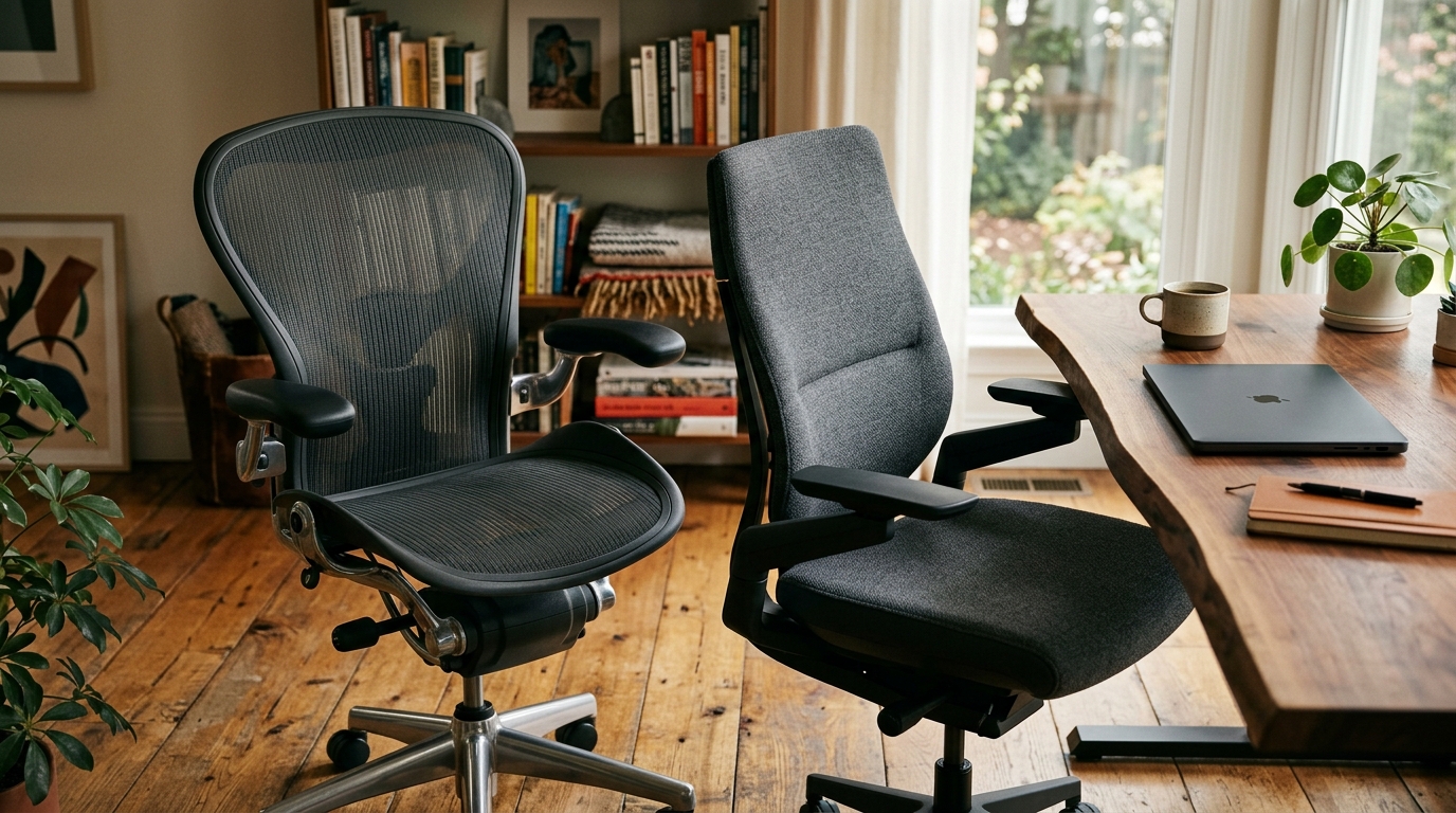Side-by-side ergonomic mesh office chair and padded foam office chair in a modern home office