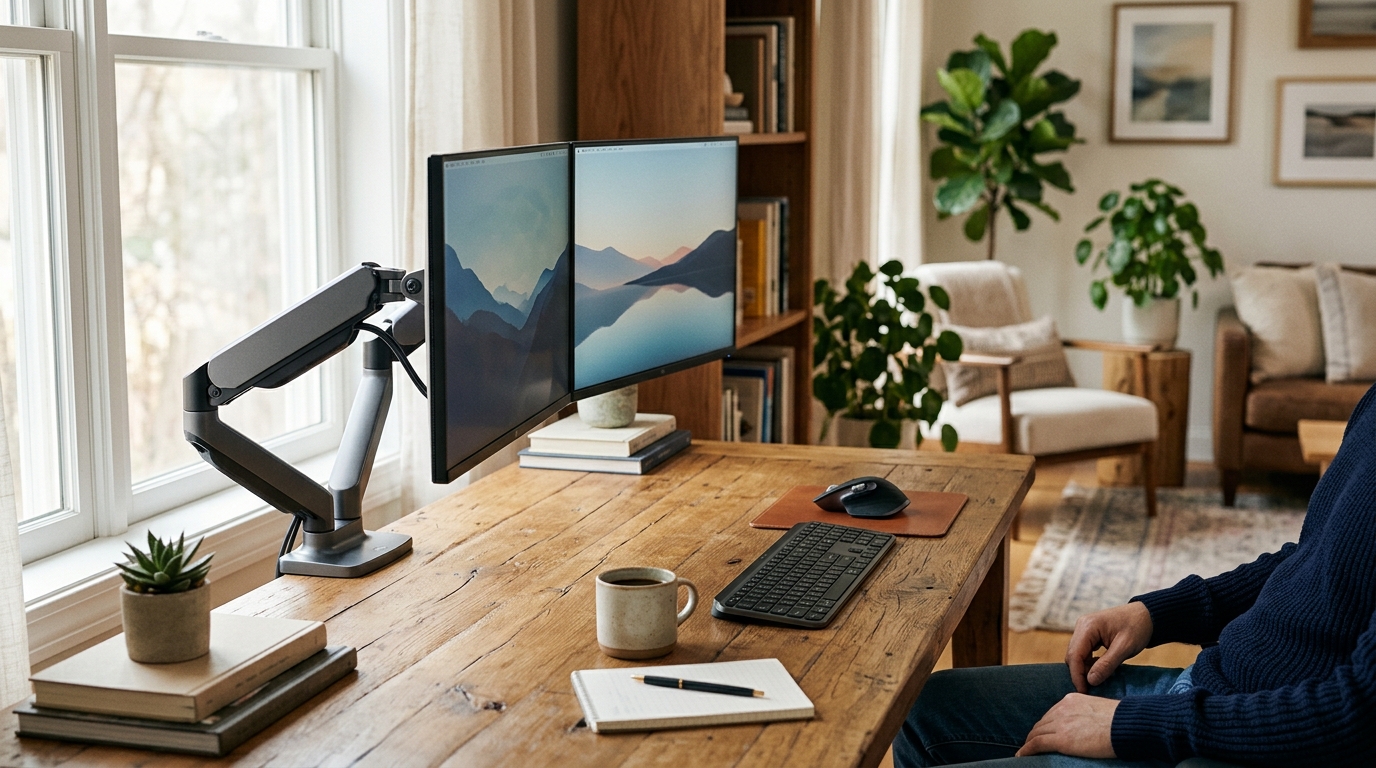 Ergotron LX Dual monitor arm holding two 27-inch monitors side by side on a clean standing desk with routed cables