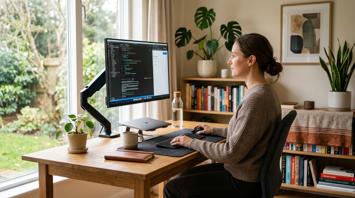 Ergonomic monitor setup showing correct eye-level height and proper viewing distance at a desk
