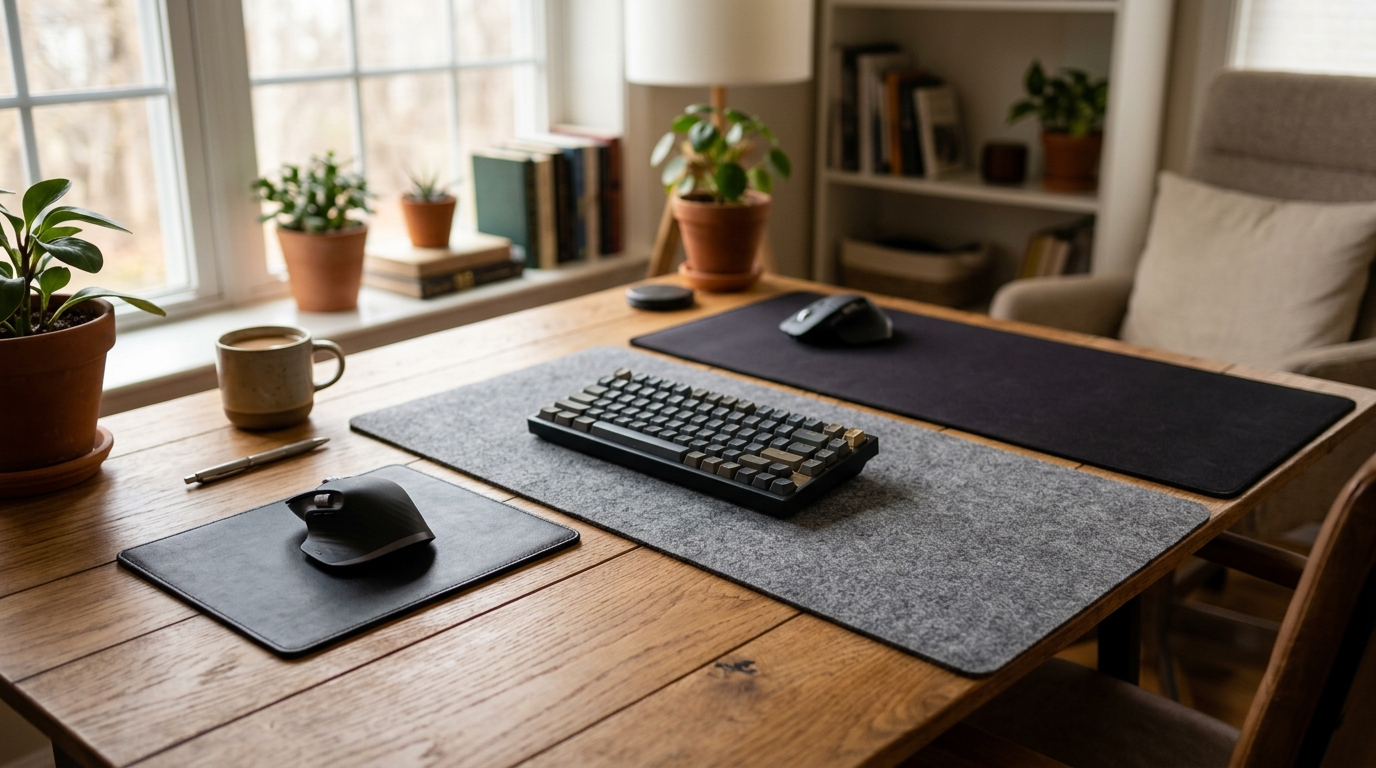 Range of mouse pad sizes from mini to XL desk mat laid out on a home office desk