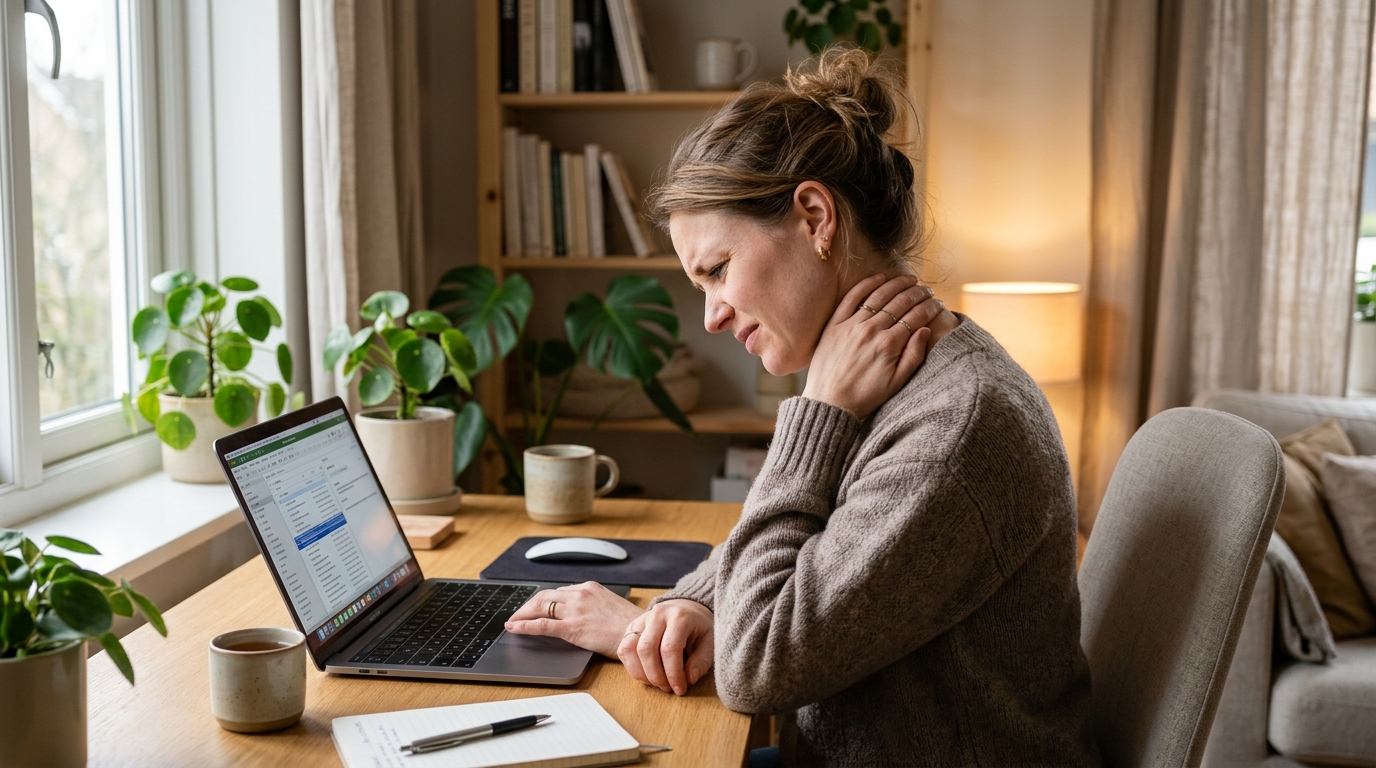 Person looking at a correctly positioned monitor at eye level with neutral neck posture at an ergonomic desk