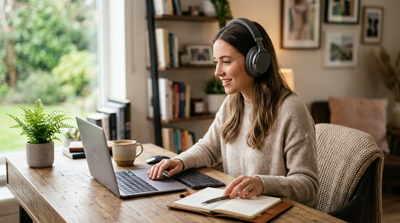 Premium over-ear noise-canceling headphones resting on a modern home office desk next to a closed laptop