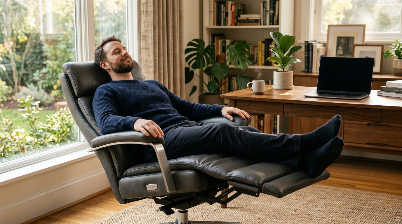Executive office reclining chair with extended footrest in a modern home office