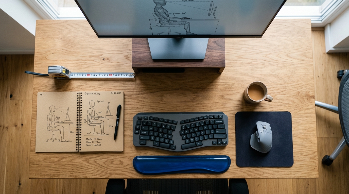 Overhead flat lay of ergonomic office setup measurement tools: tape measure, sketch of posture, keyboard, monitor riser