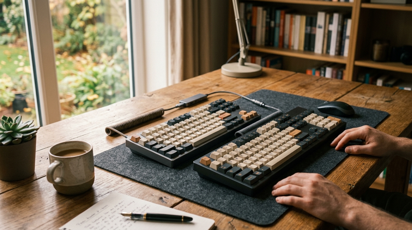 Tenkeyless and full-size keyboards side by side on an ergonomic desk setup