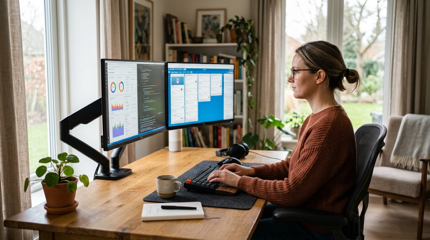 Two monitors on a dual arm mount at matching eye-level height above a clean cable-managed desk